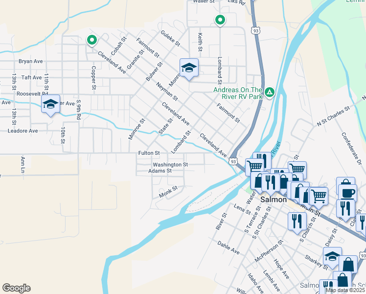 map of restaurants, bars, coffee shops, grocery stores, and more near 211-299 Fulton Street in Salmon