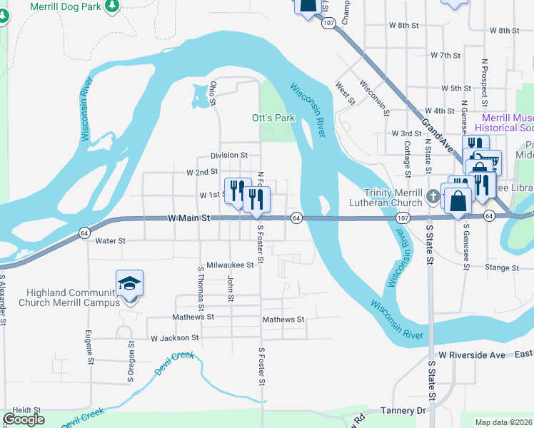 map of restaurants, bars, coffee shops, grocery stores, and more near 1303 West Main Street in Merrill