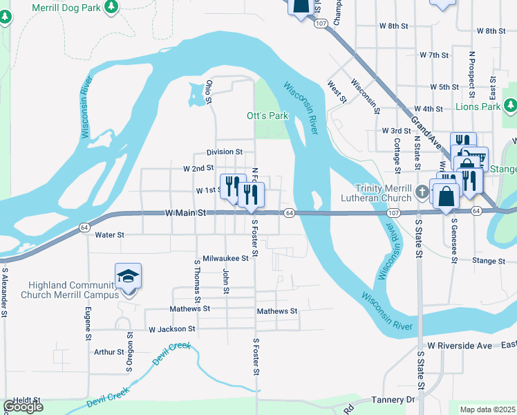 map of restaurants, bars, coffee shops, grocery stores, and more near 108 South Foster Street in Merrill