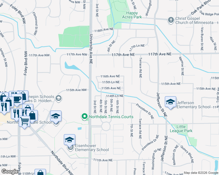 map of restaurants, bars, coffee shops, grocery stores, and more near 39 114th Lane Northeast in Minneapolis
