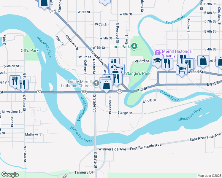 map of restaurants, bars, coffee shops, grocery stores, and more near 409 West Main Street in Merrill