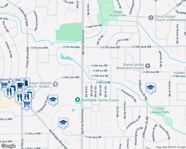 map of restaurants, bars, coffee shops, grocery stores, and more near 39 114th Lane Northeast in Minneapolis