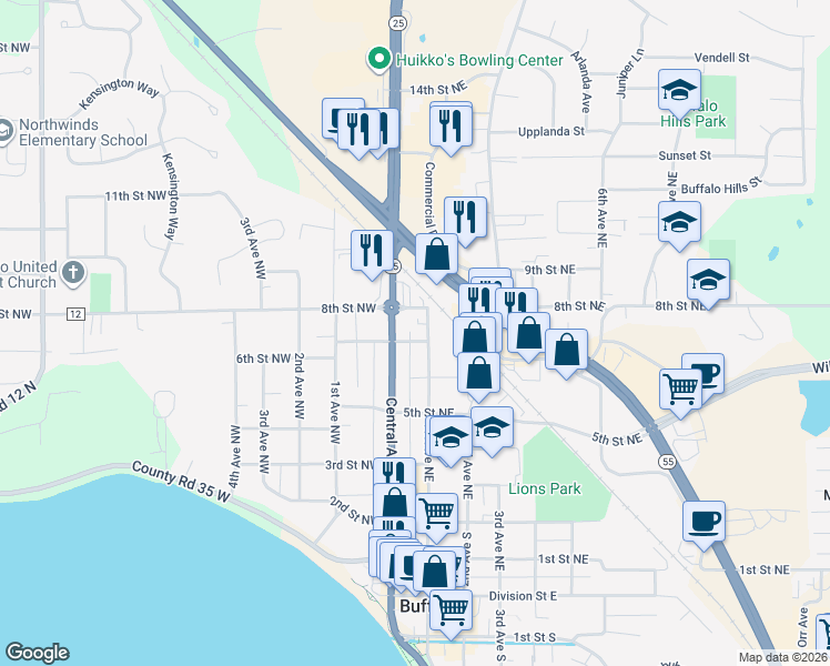 map of restaurants, bars, coffee shops, grocery stores, and more near 602 Central Avenue in Buffalo