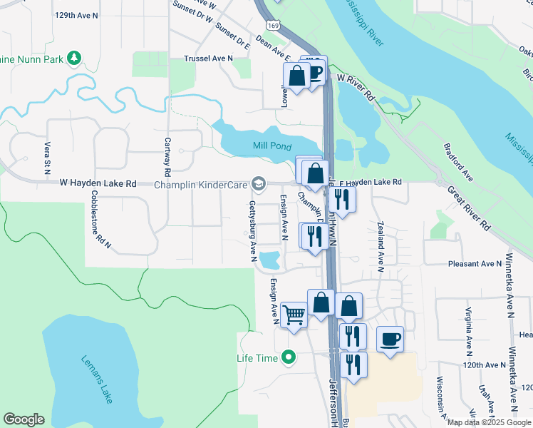 map of restaurants, bars, coffee shops, grocery stores, and more near 12450 Gettysburg Avenue North in Champlin