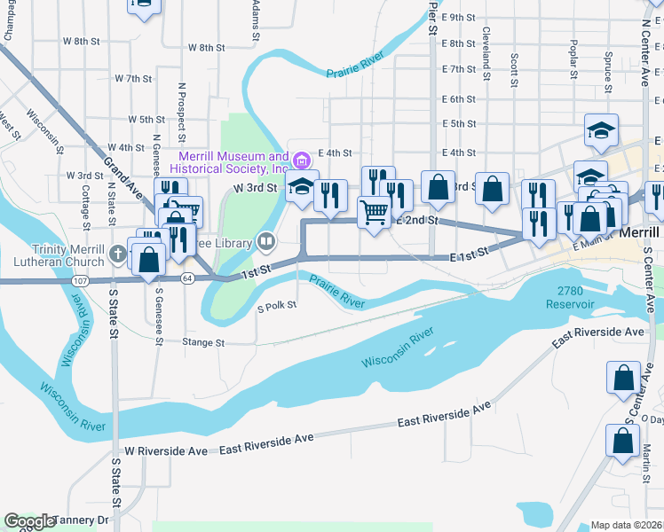 map of restaurants, bars, coffee shops, grocery stores, and more near 105 Logan Street in Merrill