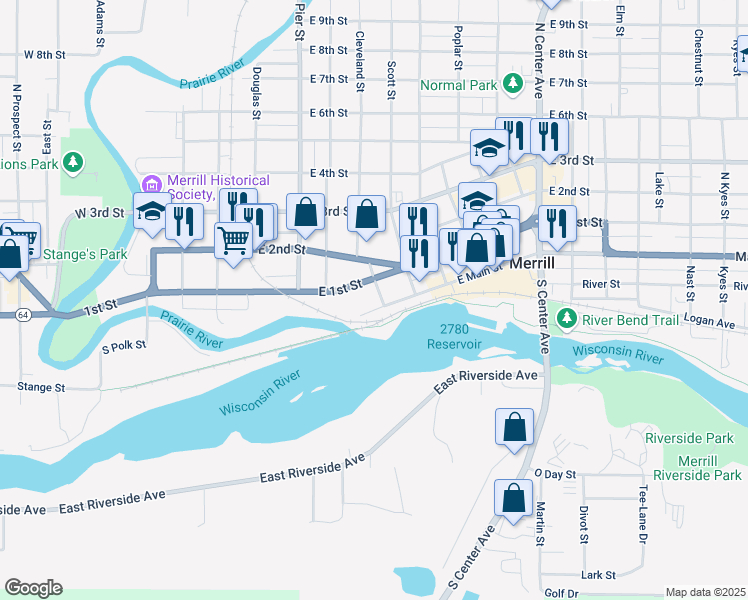 map of restaurants, bars, coffee shops, grocery stores, and more near 701 East 1st Street in Merrill