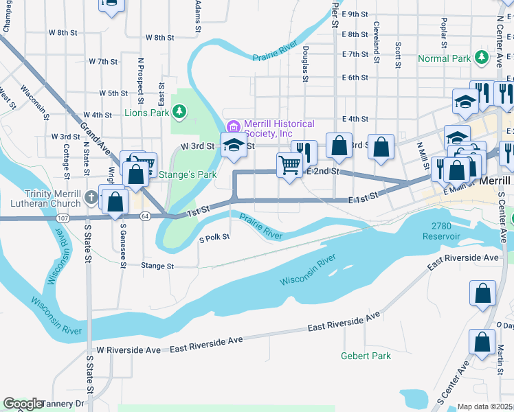 map of restaurants, bars, coffee shops, grocery stores, and more near 105 Logan Street in Merrill