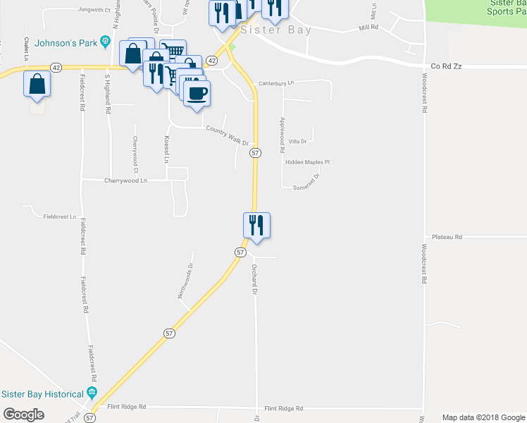 map of restaurants, bars, coffee shops, grocery stores, and more near 10470 Wisconsin 57 in Sister Bay