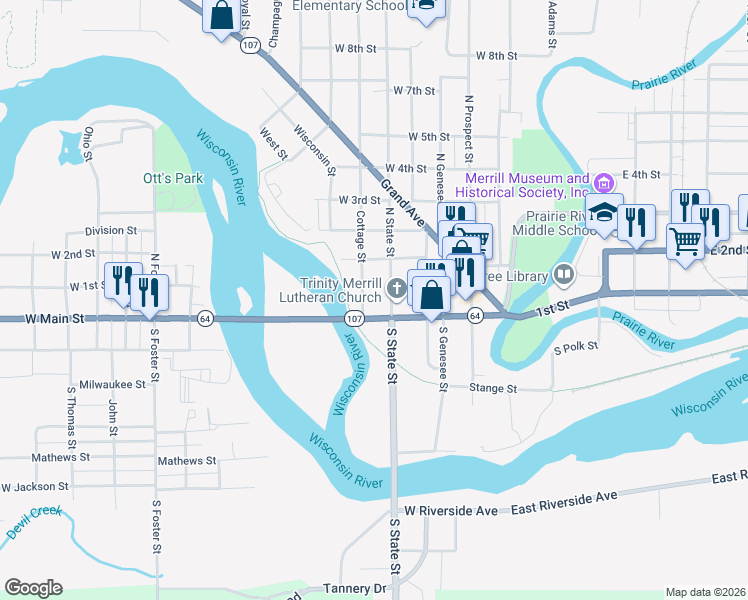 map of restaurants, bars, coffee shops, grocery stores, and more near 114 North State Street in Merrill