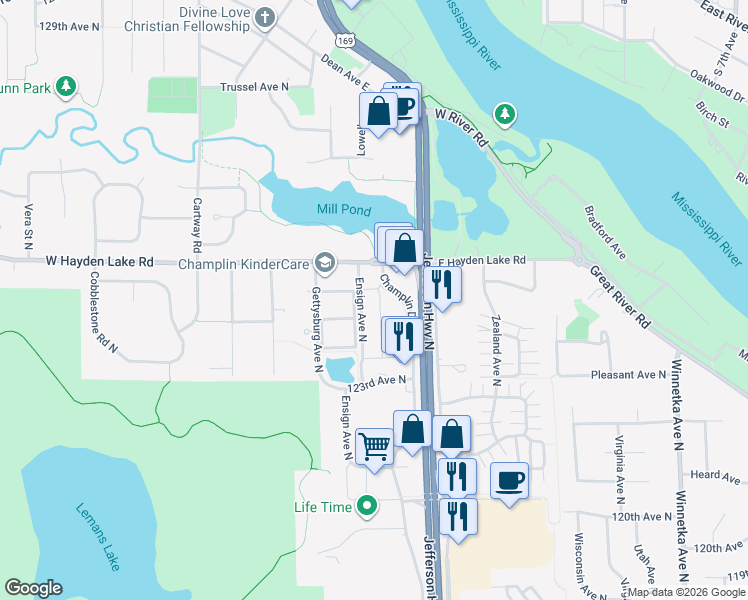 map of restaurants, bars, coffee shops, grocery stores, and more near 12439 Champlin Drive in Champlin