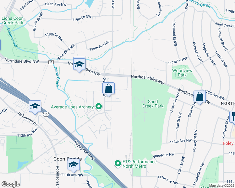map of restaurants, bars, coffee shops, grocery stores, and more near 1155 114th Lane Northwest in Minneapolis