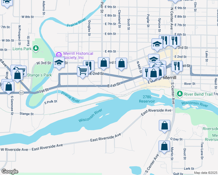 map of restaurants, bars, coffee shops, grocery stores, and more near 510 East 1st Street in Merrill