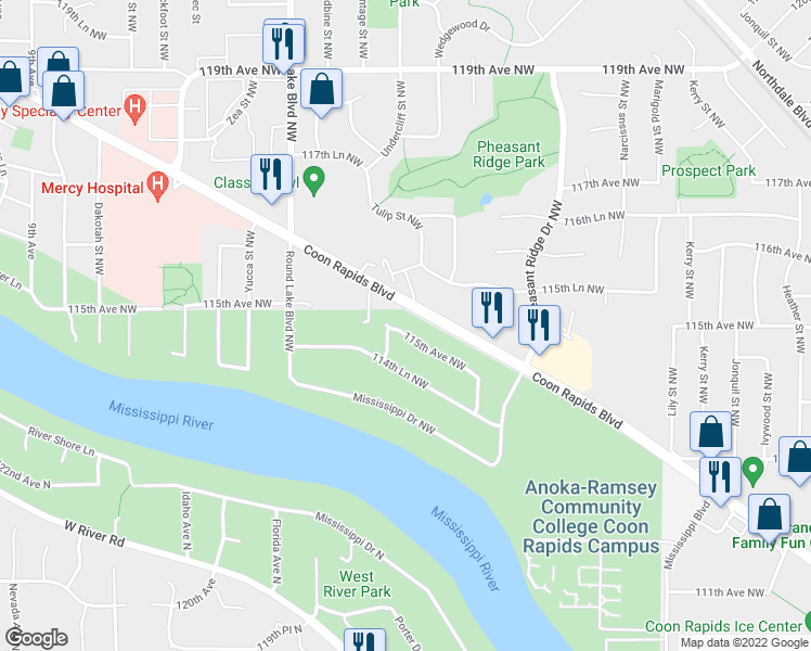 map of restaurants, bars, coffee shops, grocery stores, and more near 3637 115th Avenue Northwest in Coon Rapids