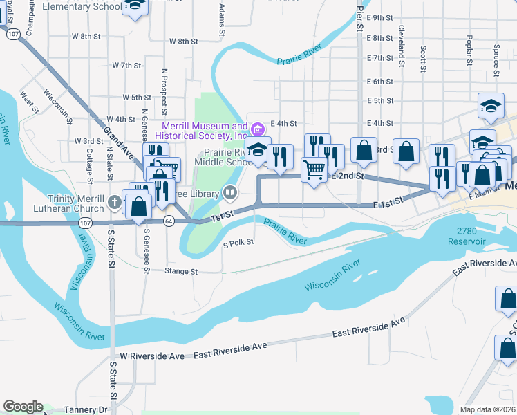 map of restaurants, bars, coffee shops, grocery stores, and more near 100 North Polk Street in Merrill