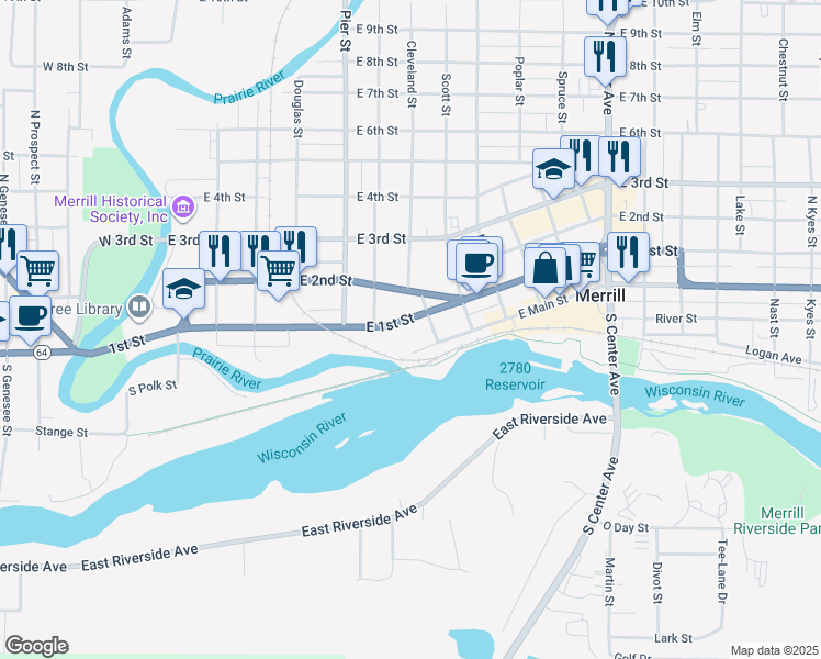 map of restaurants, bars, coffee shops, grocery stores, and more near 612 East 1st Street in Merrill