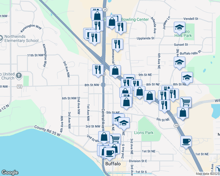 map of restaurants, bars, coffee shops, grocery stores, and more near 101 8th Street Northeast in Buffalo