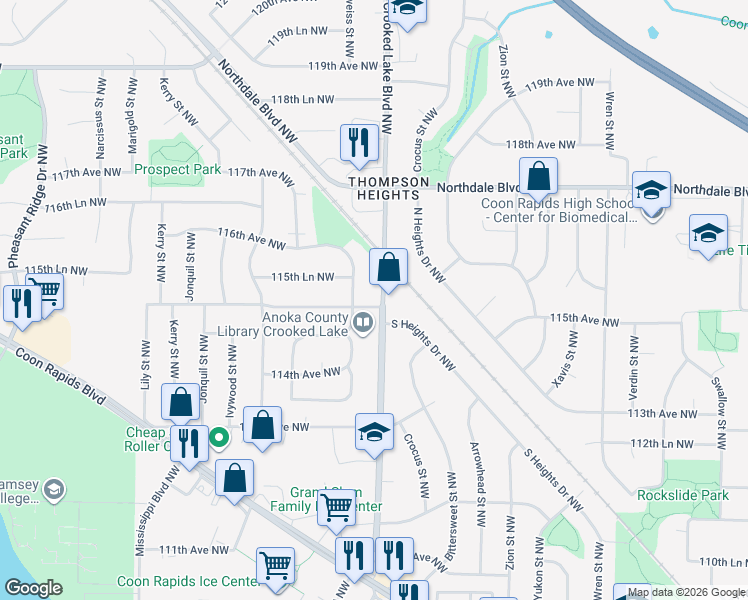 map of restaurants, bars, coffee shops, grocery stores, and more near 2807 115th Avenue Northwest in Coon Rapids