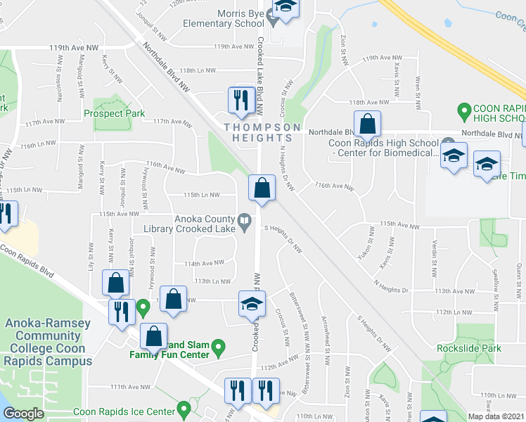 map of restaurants, bars, coffee shops, grocery stores, and more near 11517 Crooked Lake Boulevard Northwest in Coon Rapids