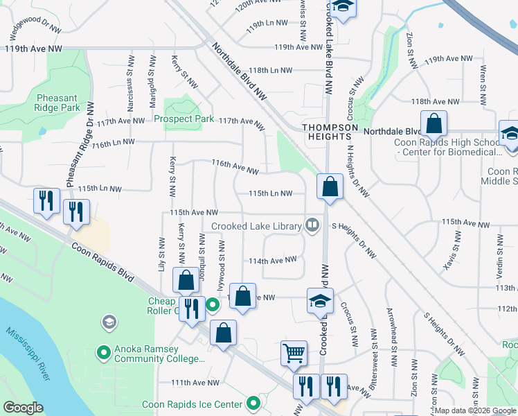 map of restaurants, bars, coffee shops, grocery stores, and more near 2906 115th Lane Northwest in Coon Rapids
