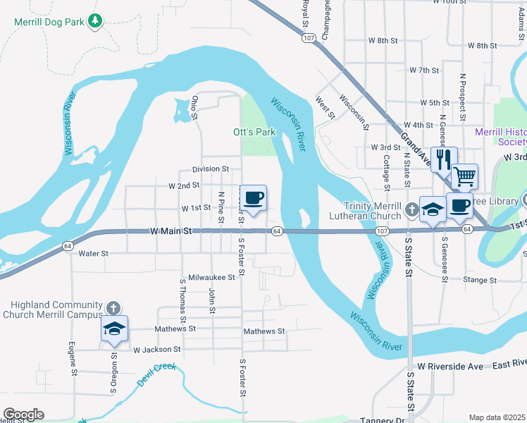 map of restaurants, bars, coffee shops, grocery stores, and more near 120 Valley Street in Merrill