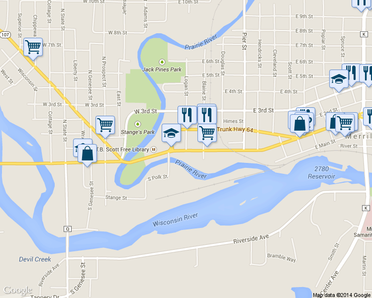 map of restaurants, bars, coffee shops, grocery stores, and more near 105 Logan St in Merrill