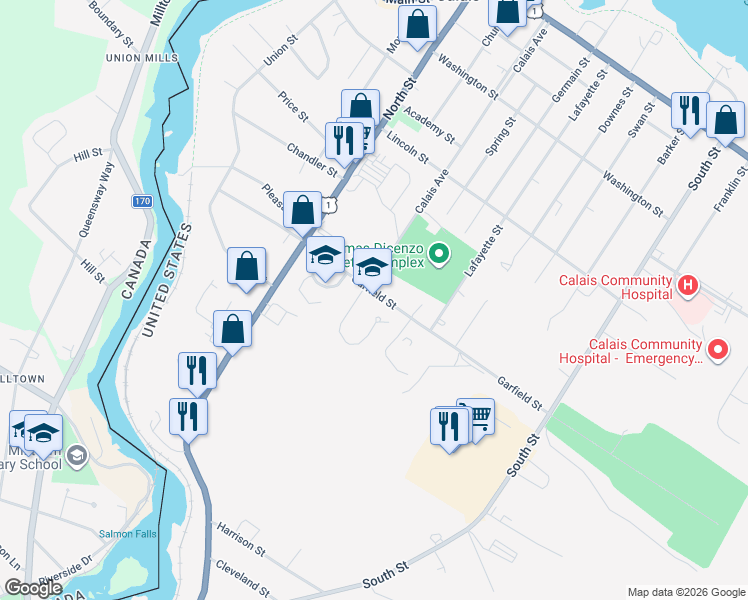 map of restaurants, bars, coffee shops, grocery stores, and more near 53 Garfield Street in Calais