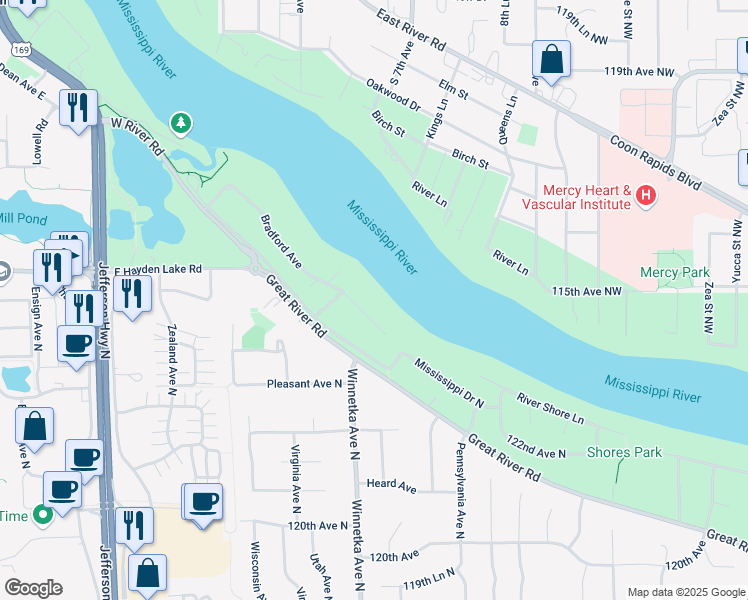 map of restaurants, bars, coffee shops, grocery stores, and more near 909 Bradford Avenue in Champlin