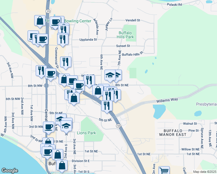 map of restaurants, bars, coffee shops, grocery stores, and more near 606 8th Street Northeast in Buffalo