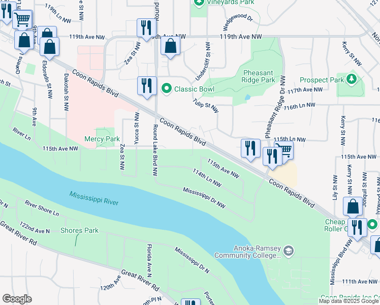 map of restaurants, bars, coffee shops, grocery stores, and more near 3686 Coon Rapids Boulevard Northwest in Coon Rapids