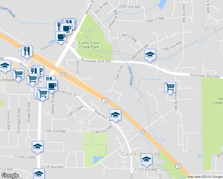 map of restaurants, bars, coffee shops, grocery stores, and more near 11552 Eagle Street Northwest in Coon Rapids