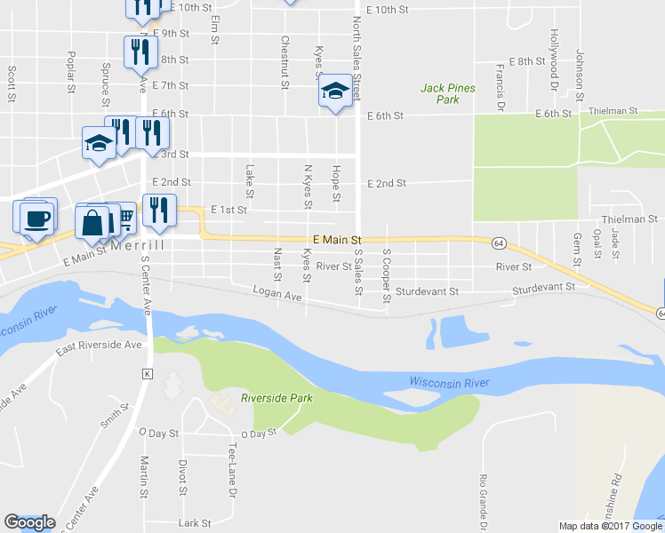map of restaurants, bars, coffee shops, grocery stores, and more near 1800 River Street in Merrill