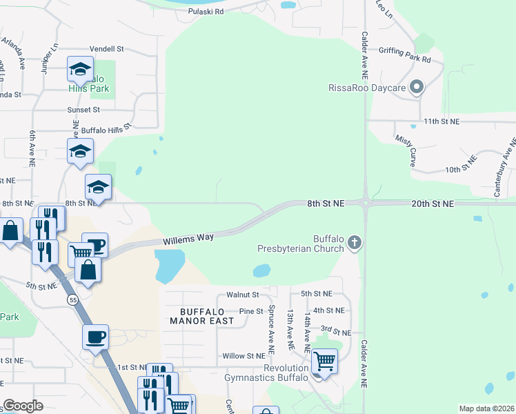 map of restaurants, bars, coffee shops, grocery stores, and more near 800 8th Street Northeast in Buffalo