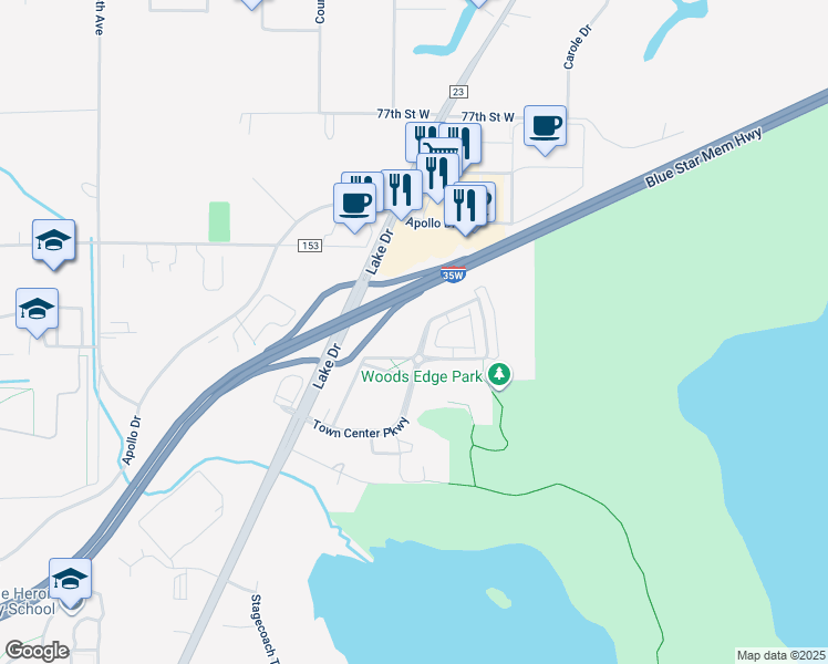 map of restaurants, bars, coffee shops, grocery stores, and more near 705 Town Center Parkway in Lino Lakes