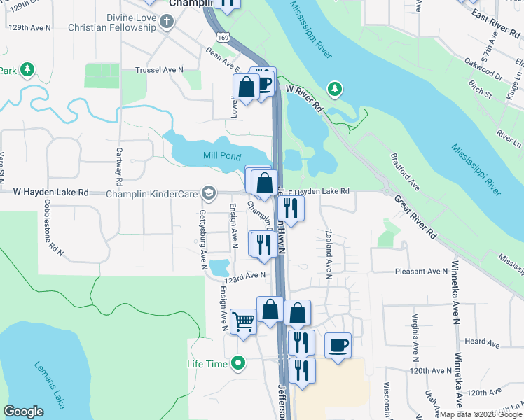 map of restaurants, bars, coffee shops, grocery stores, and more near 12439 Champlin Drive in Champlin