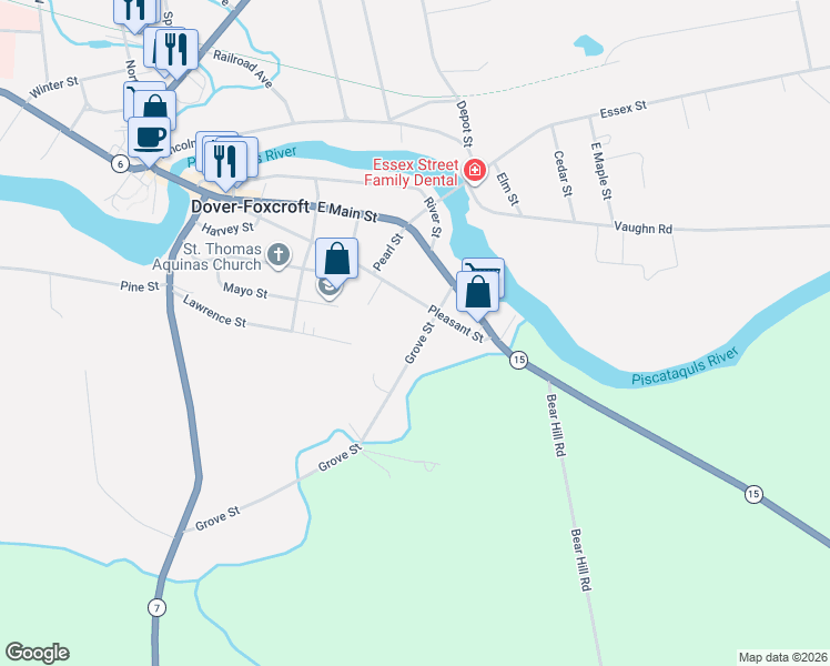 map of restaurants, bars, coffee shops, grocery stores, and more near 123 Grove Street in Dover-Foxcroft