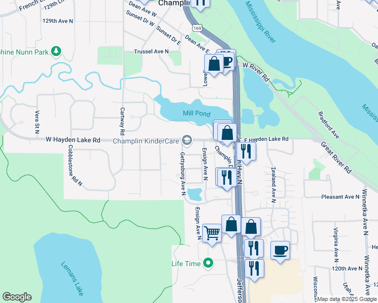 map of restaurants, bars, coffee shops, grocery stores, and more near 12450 Gettysburg Avenue North in Champlin