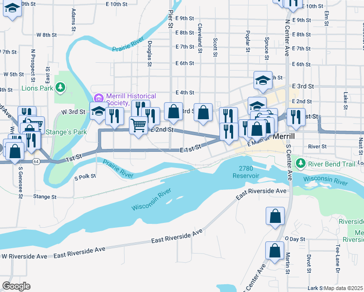 map of restaurants, bars, coffee shops, grocery stores, and more near 510 East 1st Street in Merrill