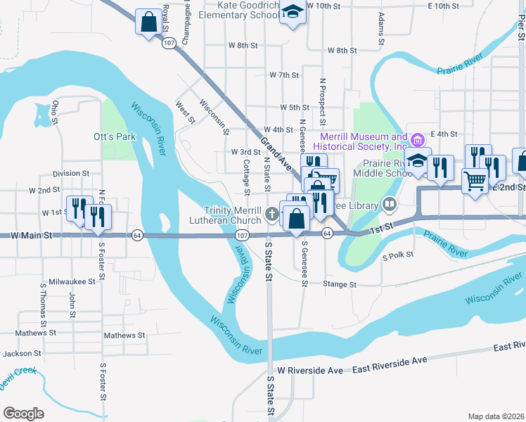 map of restaurants, bars, coffee shops, grocery stores, and more near 114 North State Street in Merrill