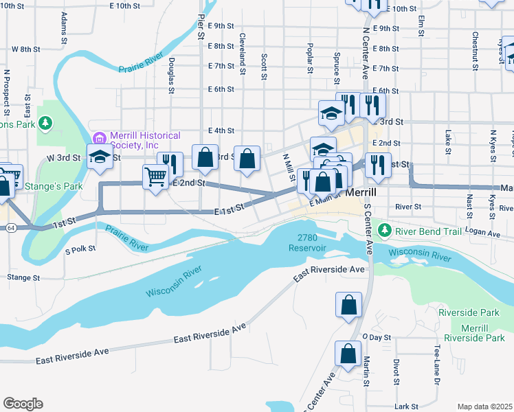 map of restaurants, bars, coffee shops, grocery stores, and more near 701 East 1st Street in Merrill