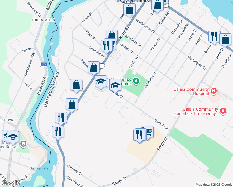 map of restaurants, bars, coffee shops, grocery stores, and more near 53 Garfield Street in Calais