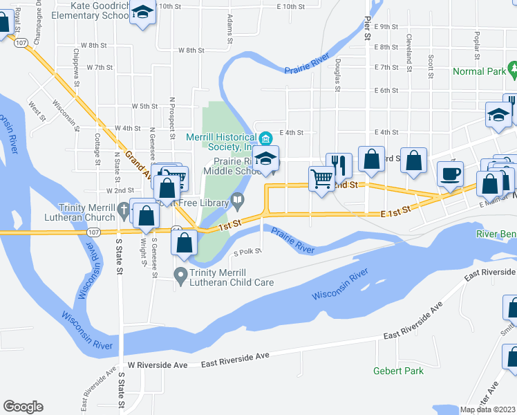 map of restaurants, bars, coffee shops, grocery stores, and more near 100 North Polk Street in Merrill