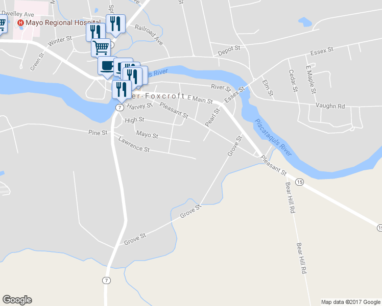 map of restaurants, bars, coffee shops, grocery stores, and more near 172 Lawrence Street in Dover-Foxcroft