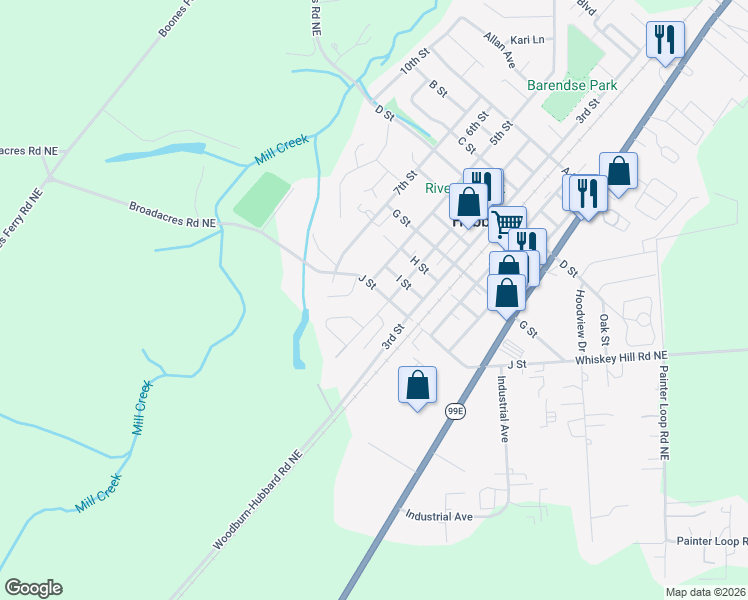 map of restaurants, bars, coffee shops, grocery stores, and more near 2650 J Street in Hubbard