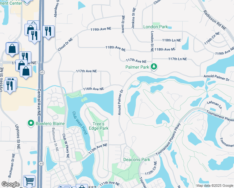 map of restaurants, bars, coffee shops, grocery stores, and more near 11558 Arnold Palmer Drive in Blaine