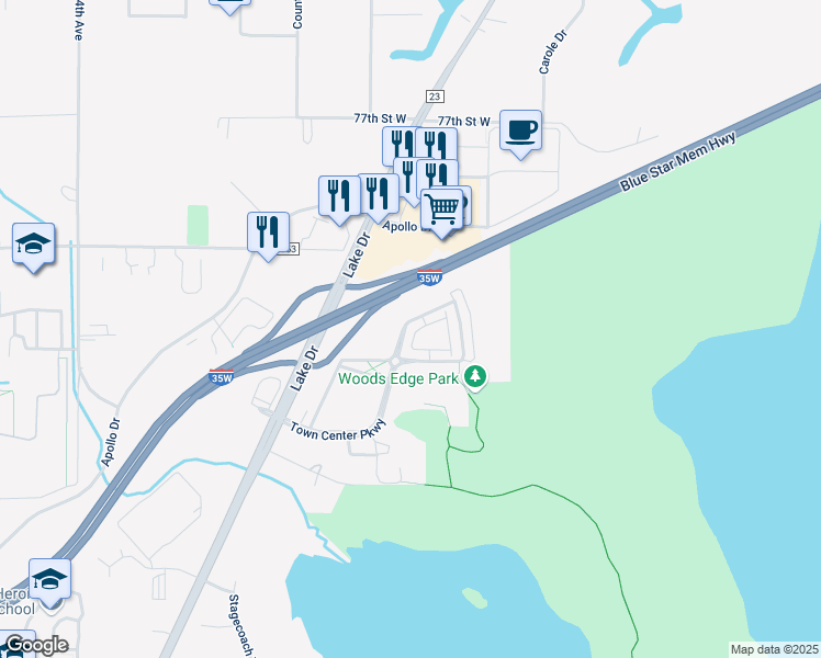 map of restaurants, bars, coffee shops, grocery stores, and more near 668 Town Center Parkway in Circle Pines