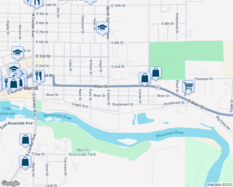 map of restaurants, bars, coffee shops, grocery stores, and more near 208 South Cooper Street in Merrill