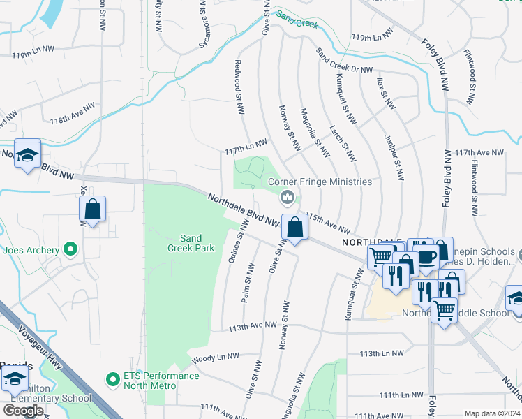 map of restaurants, bars, coffee shops, grocery stores, and more near 837 Northdale Boulevard Northwest in Minneapolis