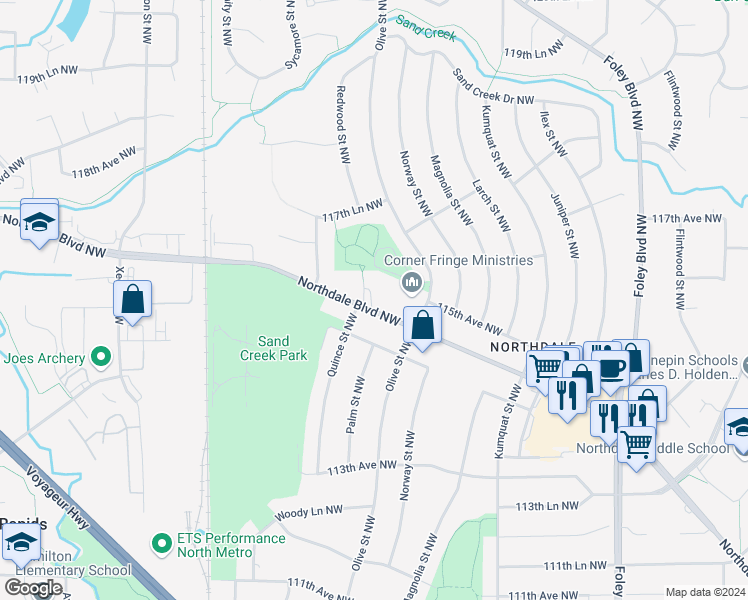 map of restaurants, bars, coffee shops, grocery stores, and more near 837 Northdale Boulevard Northwest in Coon Rapids