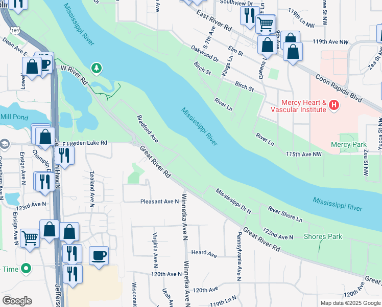 map of restaurants, bars, coffee shops, grocery stores, and more near 909 Bradford Avenue in Champlin