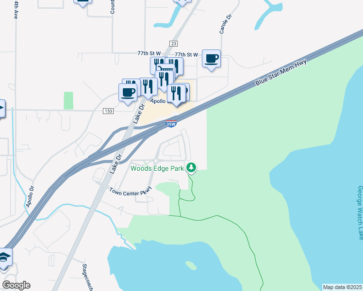 map of restaurants, bars, coffee shops, grocery stores, and more near 7547 Woods Edge Boulevard in Circle Pines